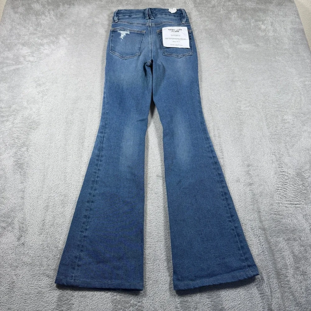 Good American Good Legs Flare Jeans Women 0/25 Blue Mid Rise Distressed NWT